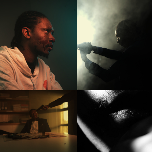 Quad-panel collage: top-left a wounded man in a hoodie looks distressed; top-right a silhouette fires a gun through smoky light; bottom-left a man sits at a desk as a shadowy figure reaches out from the doorway; bottom-right a high-contrast close-up of a mouth or lips in darkness.