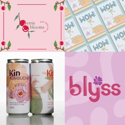 Berry Blooms logo with cherries and leaves on pink background, decorative frame-style design.