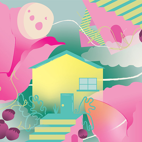Whimsical illustration of a yellow house with a teal roof surrounded by abstract pink and teal shapes in a surreal landscape.