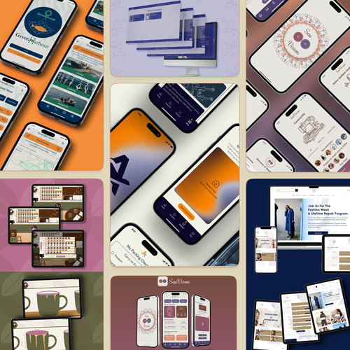 Collage of smartphone screens displaying various app interfaces and websites.
