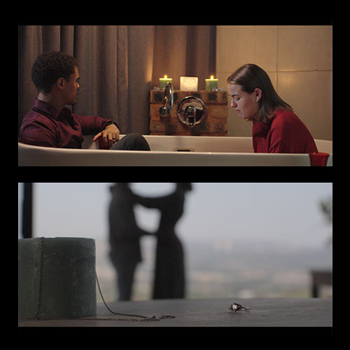 Two-panel scene: top shows a man and a woman sitting in a bathtub in a candlelit bathroom; bottom shows a close-up of a ring on a table with a blurred couple kissing in the background.