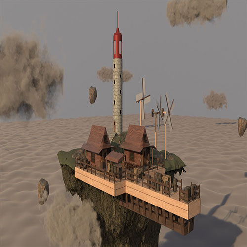 Floating island with a wooden house complex, lighthouse, wind turbine, and fencing amid a desert-like landscape with rocks and clouds.