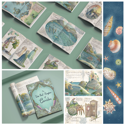 Collage of open illustrated books with nautical fantasy art on teal pages; seashells border on the right side.