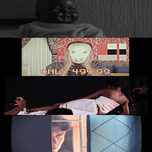 A collage of four video stills: a dark doll head; a masked person with 'ONLY 499.99'; a person lying on their back; a man’s face at a window.