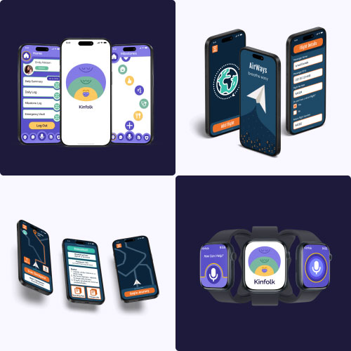 Collage of four screens and a smartwatch displaying Kinfolk app interfaces on purple and light backgrounds, showcasing onboarding and menu screens on smartphones and a watch app.