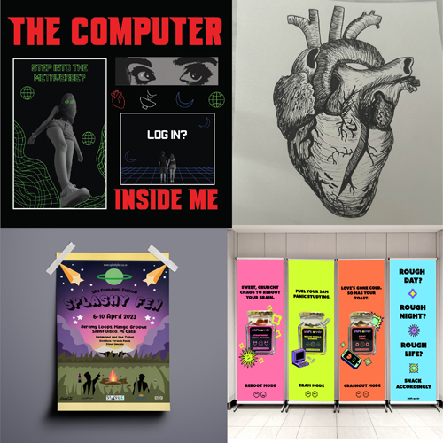 Collage of four images: top-left a bold red title poster reading 'THE COMPUTER' with 'LOG IN? INSIDE ME' and cyberpunk graphics; top-right a detailed graphite drawing of a human heart; bottom-left a purple event poster with 'SPLASHY FUN' and silhouettes at sunset; bottom-right a row of bright banners in a hallway promoting different activities with bold colors and text.