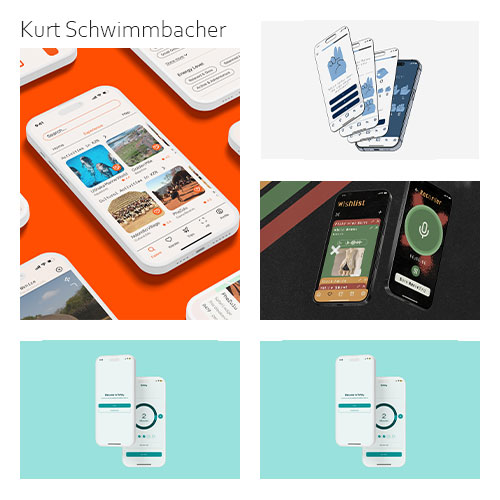 Portfolio collage of mobile app designs by Kurt Schwimmacher showing multiple UI screens and device mockups on colored backgrounds.
