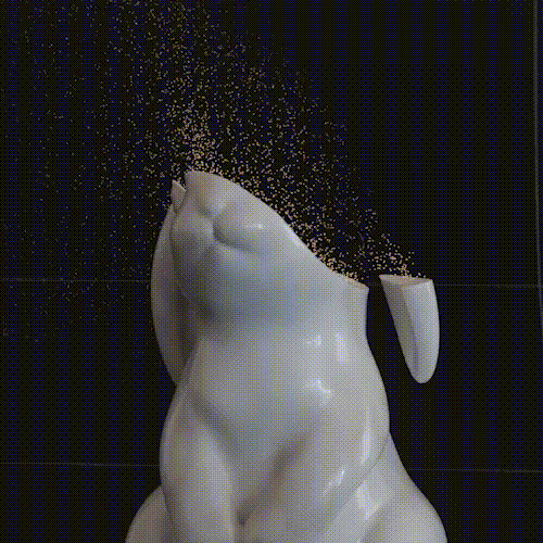 White ceramic cat statue sitting with its head missing, set against a dark background with gold dust specks nearby