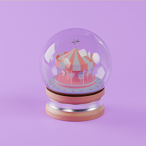 Glass snow globe with a colorful carousel inside on a purple background.