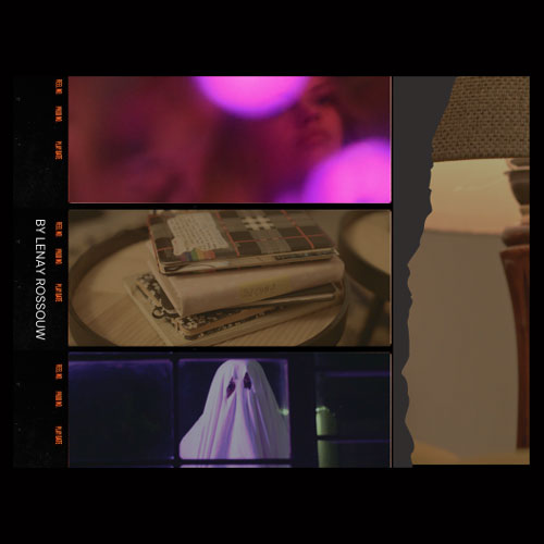 Art collage of filmstrip panels: blurred purple lights, a stack of magazines on a glass table, and a white ghost-like figure on a monitor, with a torn beige edge on the right.