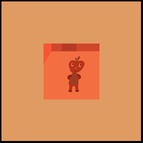 Cartoon orange creature standing inside a small orange box on a tan background.