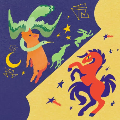 Split illustration: left shows an orange unicorn with a long green mane and blue scarf flying under a purple night sky with a crescent moon; right shows a red rearing horse on a yellow background with stars.
