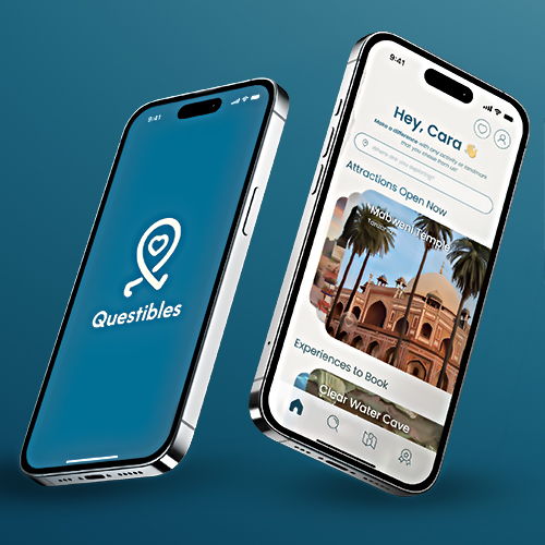 Two iPhones angled to show a travel app: left device displays the Questibles logo on blue, right device shows a welcome screen with attractions and a photo carousel.