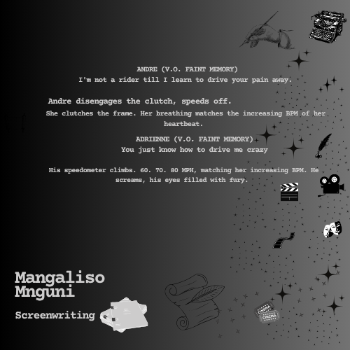 Dark gradient poster for Mangaliso Mnquni Screenwriting featuring quotes about supporting a writer, with a vintage typewriter motif and scattered film/cinema icons along the right side.