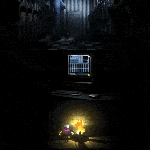 Two pixel-art characters sit by a glowing campfire in a dark cavern; a desktop monitor sits on a desk behind them.