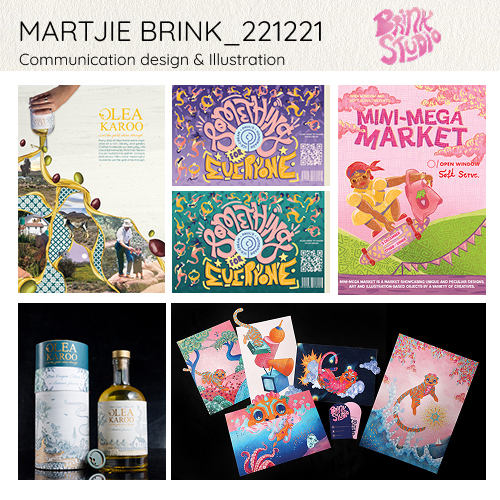 Collage of bold illustration and packaging work by Martjue Brink Studio, featuring colorful posters and labels in pink, purple, and turquoise tones.