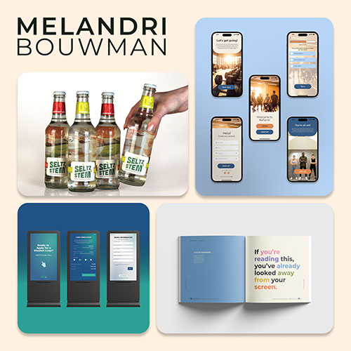 Brand collage for MELANDRI BOUWMAN: logo plus four panels showing beer bottles, mobile app screens, kiosks, and an open book motif.