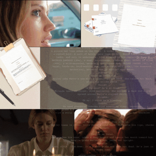 Collage of four scenes: a woman in a car looking to the left, scattered papers and a page overlaid with text, a shadowy overlay, and another scene of a woman beside lit candles.
