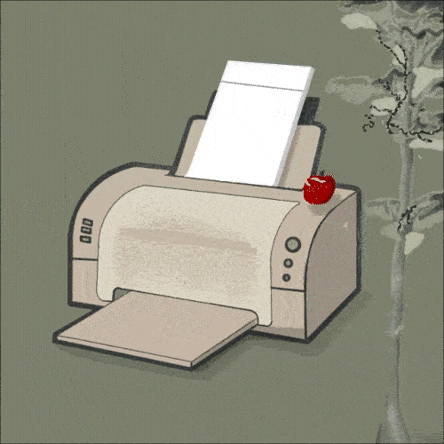 Printer with paper feeding out, a single sheet in the top tray, and a red apple resting on the right side.