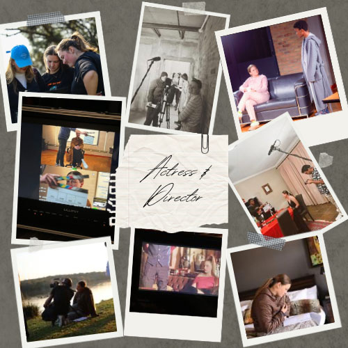 Collage of behind-the-scenes photos of actors and crew on a film set, with a note reading 'Actress & Director' in the center.