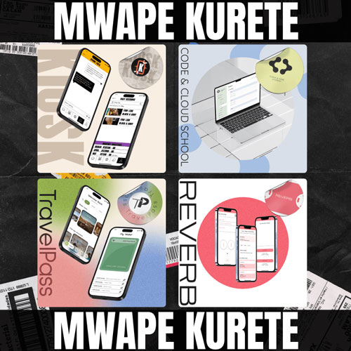 Promotional collage for Mwape Kurete showing four tiles with mobile app screenshots and a laptop UI, plus branding text at top and bottom.