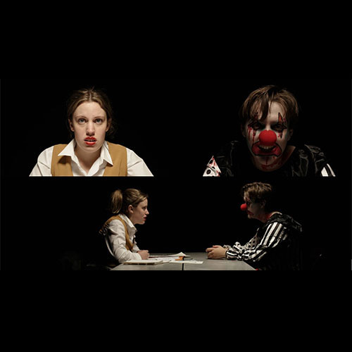 Theater scene collage: top left a somber woman in a tan vest; top right a clown with white makeup and red nose; bottom left and right two actors sit at a table facing each other in a dim stage setting.