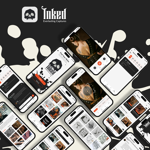 Collage of smartphone screens displaying the Inked app UI for tattoo photos, with the Inked logo in the corner on a dark background