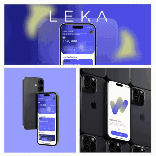 Collage of iPhone screens showing the LEKA app interface on a blue-purple background and logo above.