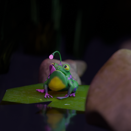 Colorful frog figurine with purple spots and pink limbs sits on a green leaf floating on dark water near rocks.