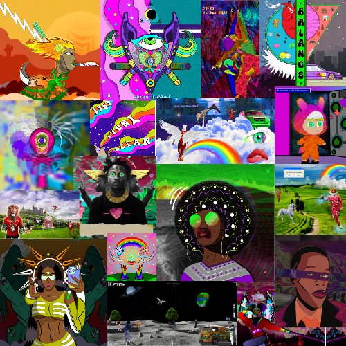 Collage of vibrant digital avatars and abstract art with bright colors and whimsical characters, forming a kaleidoscopic mosaic.