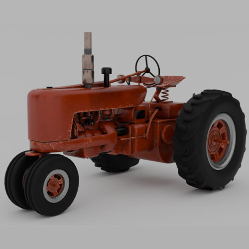 Red vintage tractor model with exposed engine, steering wheel, and large rear tires on a gray backdrop.
