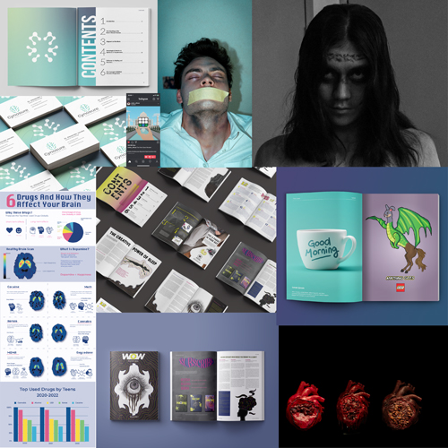 Collage of drug-education visuals: posters, charts, open magazines, and a man with taped mouth amid the images, plus a grayscale portrait of a woman on the right.