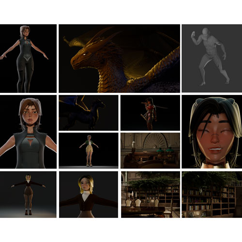 Collage of fifteen 3D character scenes, including a dragon and a library setting.