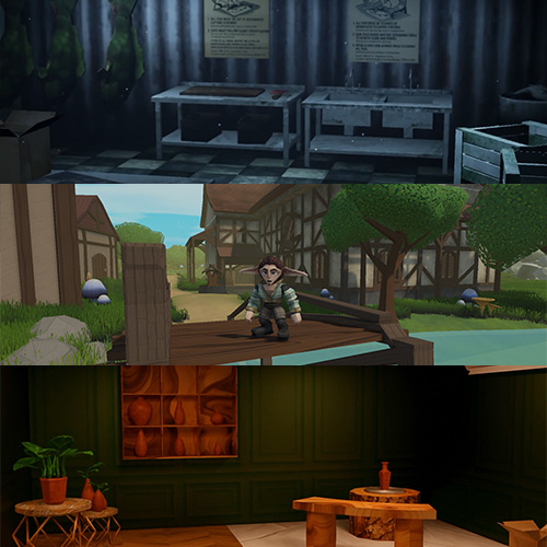 Collage of three game scenes: a dim laboratory, a village with a character on a wooden bridge, and a warm tavern interior.