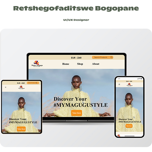Illustration of a fashion website shown on a laptop, tablet, and two smartphones, featuring a model in a yellow outfit with the banner text 'Discover Your MYMAGUSTYLE' (UI/UX designer portfolio display).