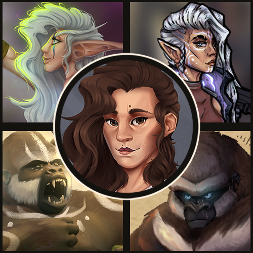 Central portrait of a woman with brown hair, surrounded by a fantasy collage: an elf with neon hair, a silver-haired elf, a roaring gorilla, and a large ape-like creature.