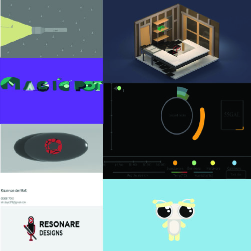 Collage of design thumbnails: a 3D interior room render, bold colored text blocks, a UI/dashboard element, a red gem on a gray oval, the Resonare Designs logo, and a cute cartoon mascot.