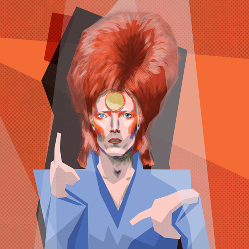 Stylized geometric portrait of a rock star with bright orange hair, blue suit, and dramatic makeup, raising one finger.