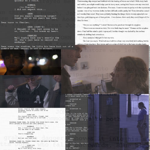 Collage of six film stills with overlaid dialogue text, showing characters talking in dark and blue-toned scenes.