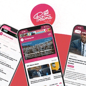 Three smartphones display a pink-themed news app interface with headlines and article cards on a red background.