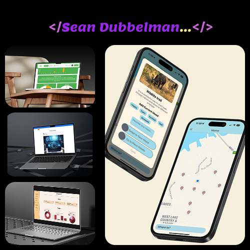 Brand banner for Sean Dubbelman with a black background, left column of device screens, and right panel showing two iPhones with a chat UI and a map.