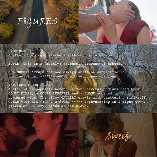 Six-panel collage: top left a sun-dappled forest road with the word 'Figures'; top right a man holding a woman's face/neck; middle a block of typewriter-like text on a dark background; bottom left two people kissing in profile; bottom right a woman with the word 'Sweet' in script.