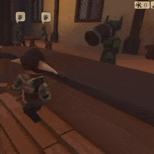Elf-like character running down wooden stairs in a dim medieval town, with speech bubbles above background NPCs.