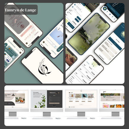 Collage of smartphone screens and desktop website previews showing multiple app interfaces and responsive layouts laid out at angles.