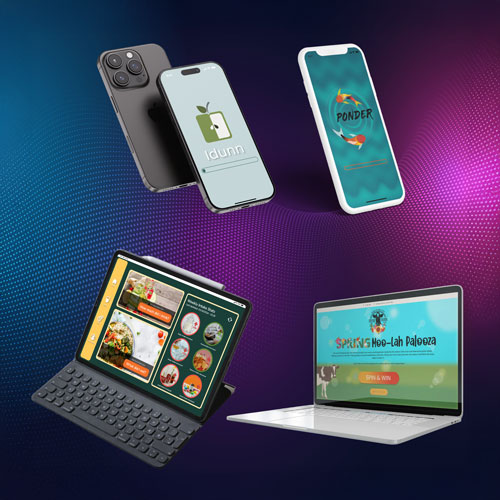 Floating tech collage: three smartphones showing app screens, plus a tablet and two laptops on a purple gradient background.