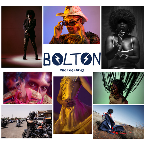 Portfolio collage for Bolton Photography showing fashion portraits, dancers, a biker, and a logo.