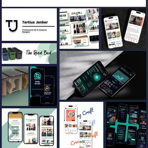 Collage of branding, UI/UX design, and mobile app screens from a designer's portfolio.