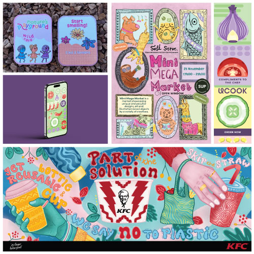 Vibrant collage of product packaging, a smartphone mockup, and colorful posters including a 'Mini Mega Market' ad and an anti-plastic message from KFC.