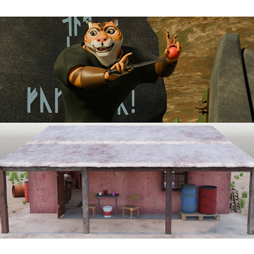 Cartoon tiger villain raises a glowing red orb above a small pink open-front shed on a dusty ground.