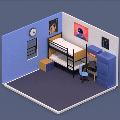 Isometric dorm room with a bunk bed, desk, chair, blue wardrobe, posters, and a window panel.